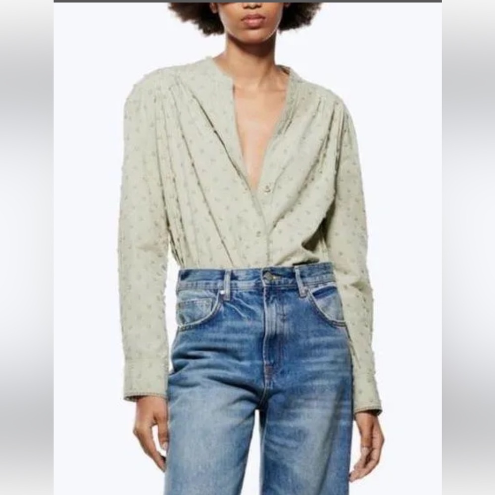 Zara NWT olive green long sleeve blouse button front textured polka dot fabric